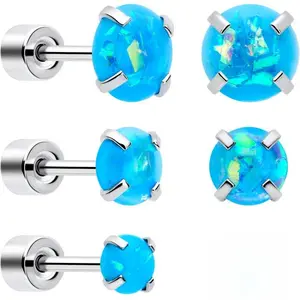 Blue Sythetic Opal Flat Back Stud Earrings - 3 Pairs