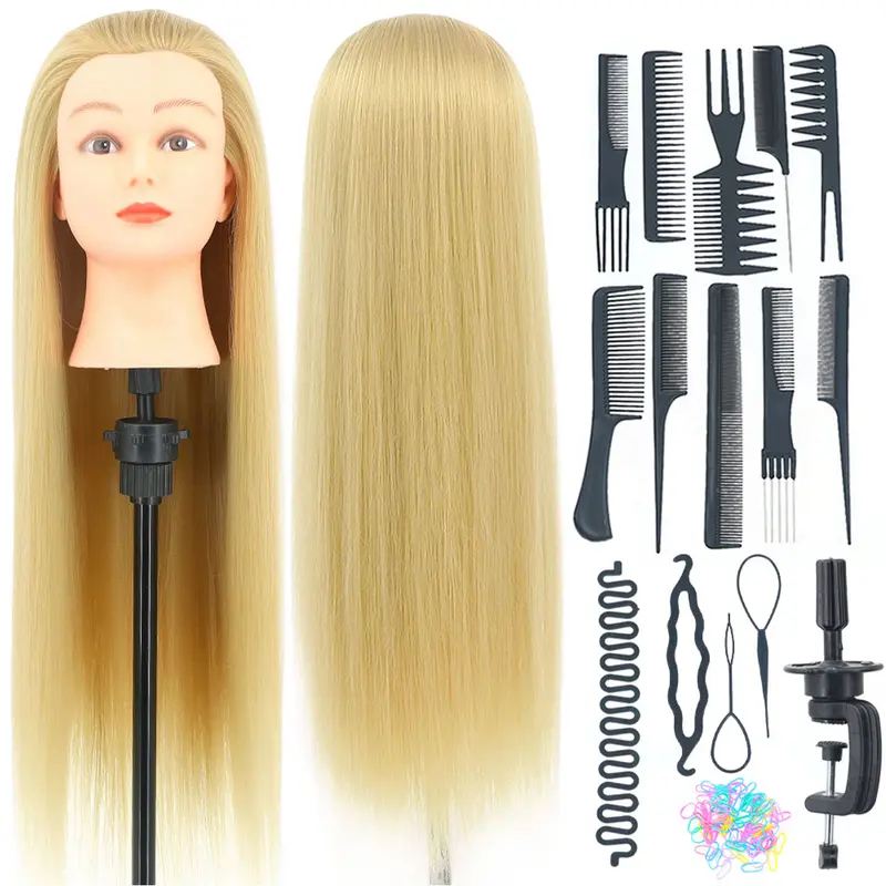 28 Inch Long Colorful Hair Cosmetology Mannequin Head, Adjustable Wig Head, Styling and Hairdressing Practice, Training Doll with Clamp Holder and Tools