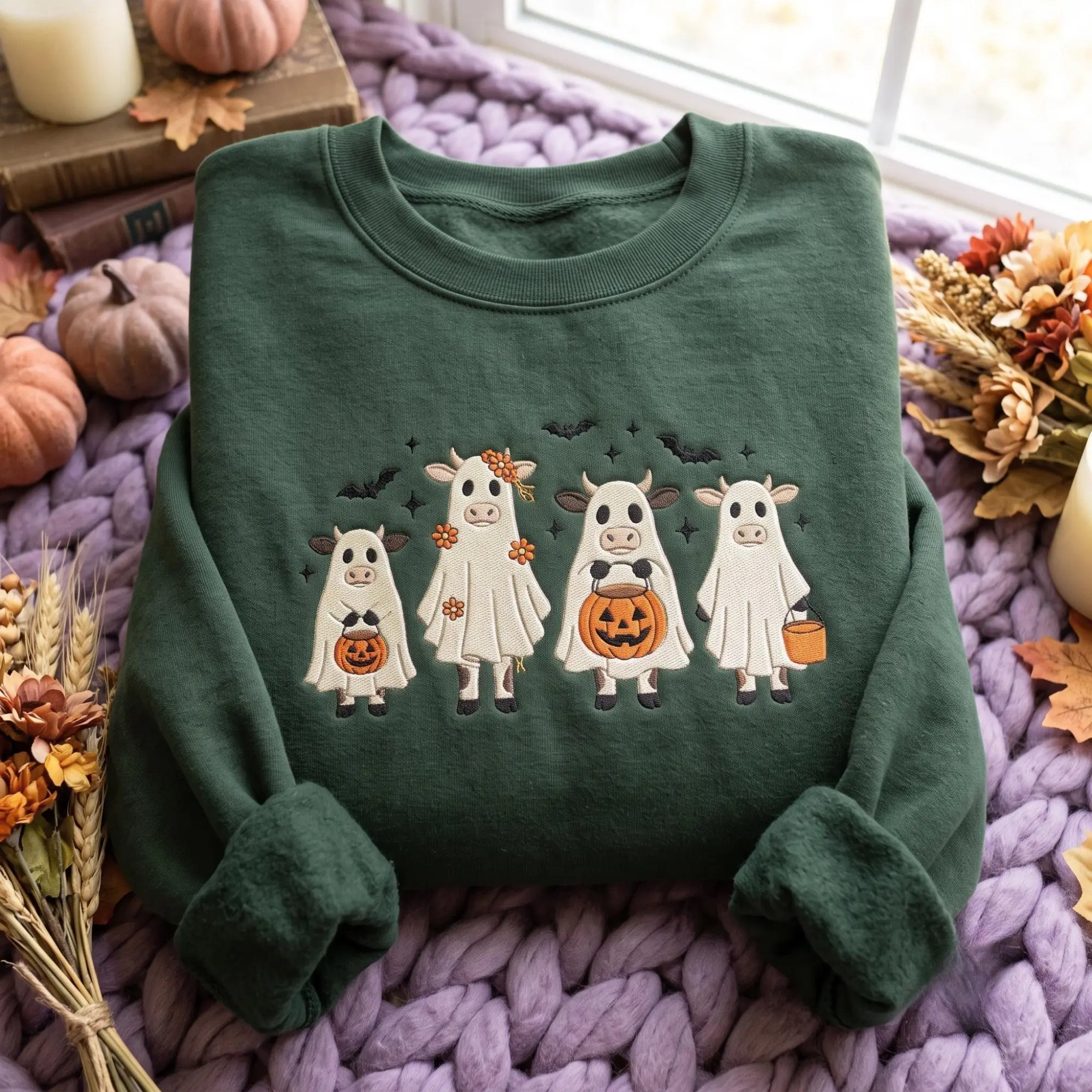 [Made in US] Embroidered Ghost Cows Halloween Sweatshirt T Shirt Hoodie, Spooky Farm Animal Apparel