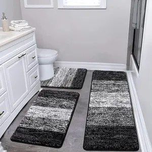 3- Bath Mat Set, Non-Slip Plush Bathroom Rugs, Absorbent Shaggy Bathroom Rugs with U-Shaped Contour Toilet Mat, Black, 18"x26"+20"x32"+U Shape 20"x24"