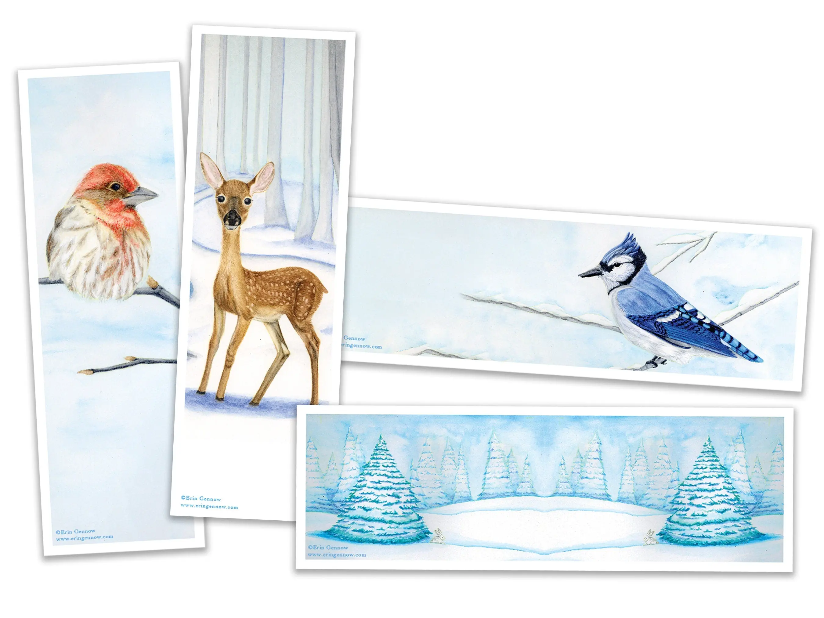 Bookmarks - Set of 4 - Winter Woodland Animals - Handmade, 100% cotton rag heavy weight paper, Stocking Stuffer, Holiday Gift