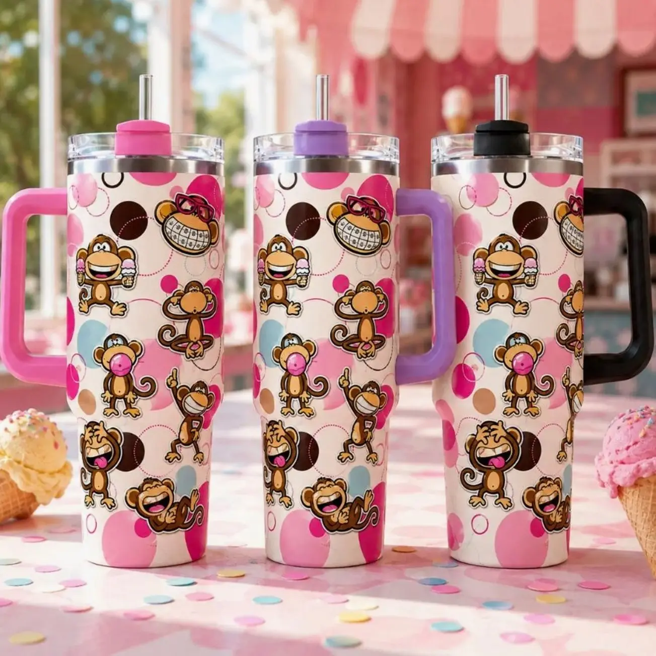 Funny Monkey Tumbler 40oz, Cute Cheeky Monkey Polka Dot Design, Pink Tumbler with Handle & Straw, Fun Gift for Kids Teens