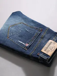 Men's Distressed Denim Jeans, Colorful Patch Design, Slim Fit, Elastic Comfortable Fabric, Stylish Casual Wear
