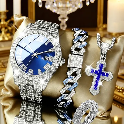 Men's Luxury Rhinestone Quartz Watch Set with Jewelry, Exquisite Watch Set, Trendy Watch Set, Fashionable Jewelry Set, Stainless Steel Strap, Fashion Fall Trend, Perfect Gift for Men and Women