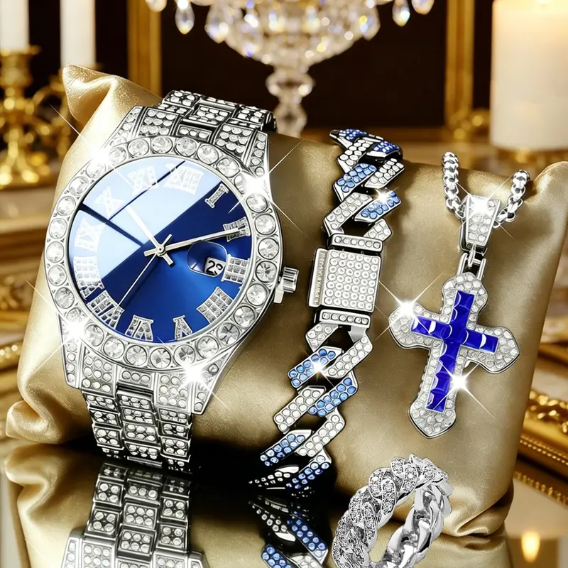 Men's Luxury Rhinestone Quartz Watch Set with Jewelry, Exquisite Watch Set, Trendy Watch Set, Fashionable Jewelry Set, Stainless Steel Strap, Fashion Fall Trend, Perfect Gift for Men and Women