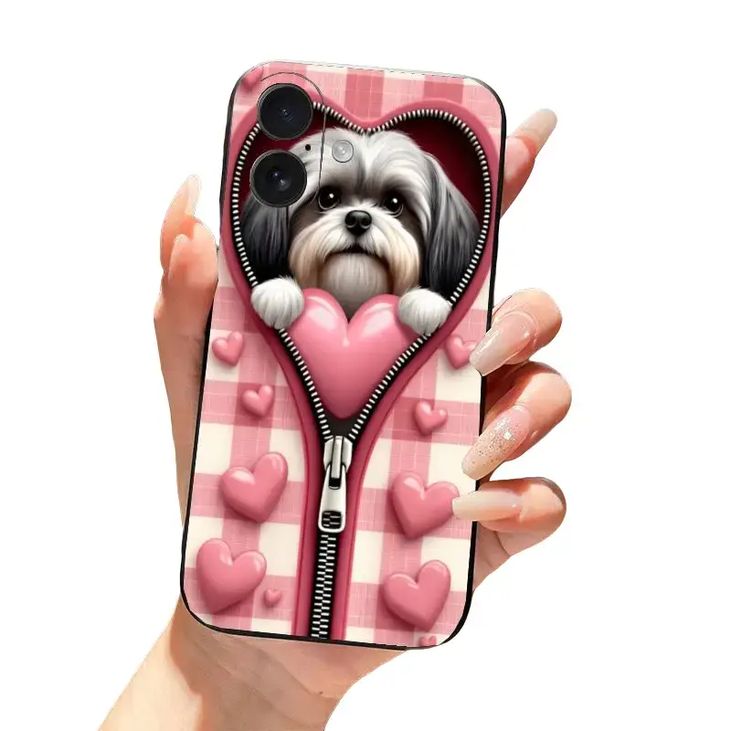Shih Tzu Puppy in Heart Zipper Anti-Scratch Shockproof Protective Soft Phone Case, For iPhone 17 Pro Max/17e/17 Air/16 Pro Max/16e/15 Plus/15 Pro Max/14 Pro Max/14 Plus/13 Pro Max/12 Pro Max/11 Pro Max/XS Max/X/XS