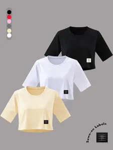 New Round Neck Loose Fit Casual Fashion Short T-Shirt, Unisex Spring Summer, Belly Show Design, Youth Girls and Kids Wear