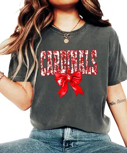 Cardinals Red Coquette Bow Shirt - Cute Game Day Tee for Women - Trendy Floral Cardinal Mascot T-Shirt - Girly Sports Fan Gift
