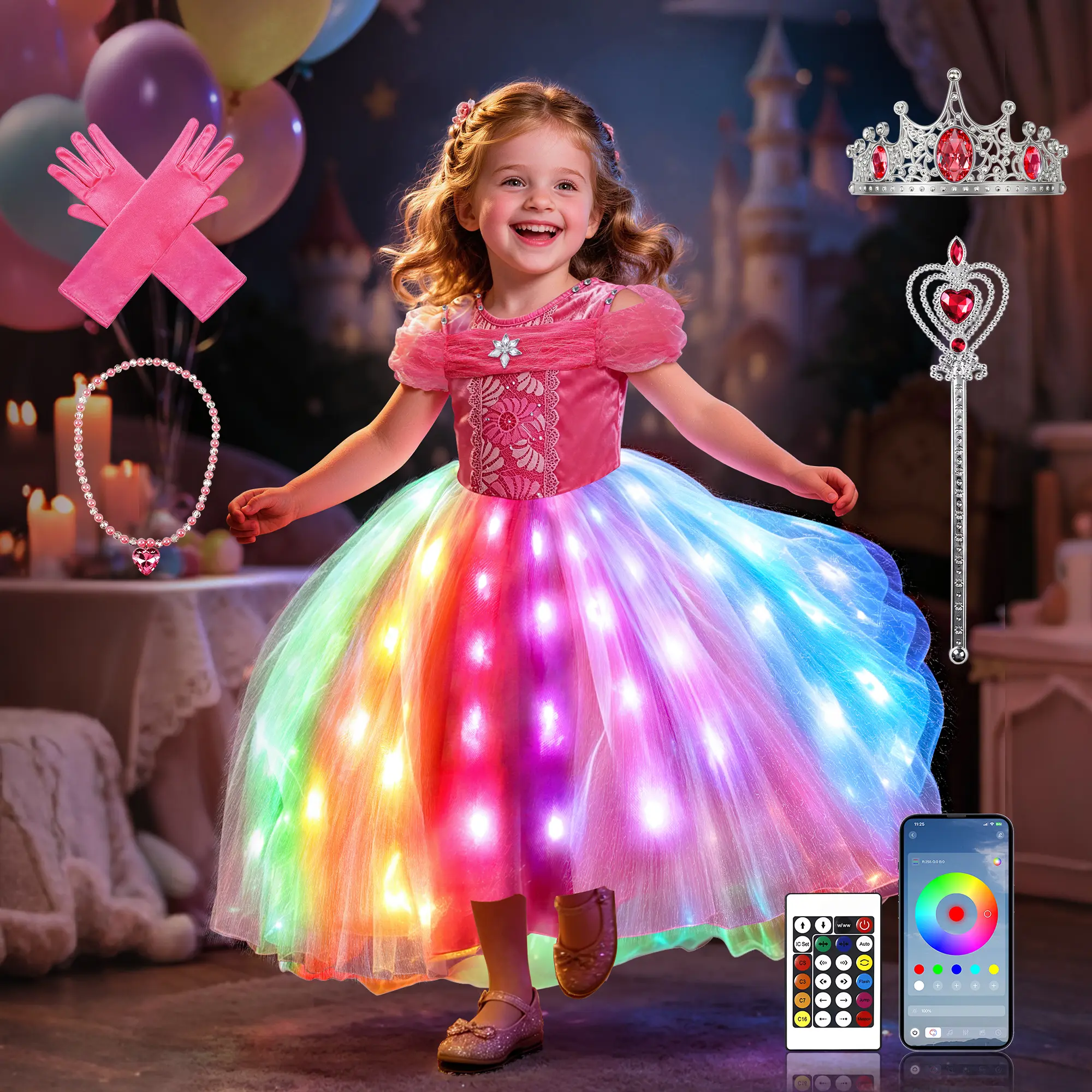 UPORPOR Girls' Light-Up Princess Costume with 100+ LED Modes & Music Sync, Pink Tulle Ball Gown for Halloween & Christmas Parties with Accessories, Party Costume Accessory, Princess Costumes & Accessories
