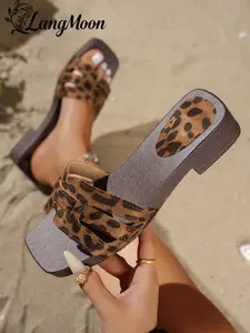 Langmoon Leopard Print Hollow Out Chunky Heel Sandals, Vintage Leopard Pattern, Non-Slip Rubber Sole, Casual Streetwear Shoes