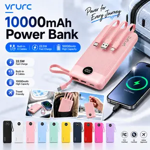 VRURC T17 10000mAh 22.5W Fast Charging Power Bank, 4 Built-in Cables, 5 Output & 3 Input USB-C Battery Pack with Lanyard for iPhone 17 16 15 14 13, Samsung Galaxy - Pink