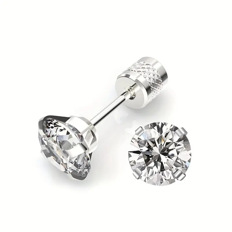 Stainless Steel Silvery Stud Earrings Pair - 4mm White Synthetic Simulated Coloured Gemstone, Embossed Floral Flower Design, Water Drill Accents, Outer Tooth Screw Backs, Lash Sets Gift Option, Valentine's Day Gift, Flowers, Basic Studs, Simulated Gemston