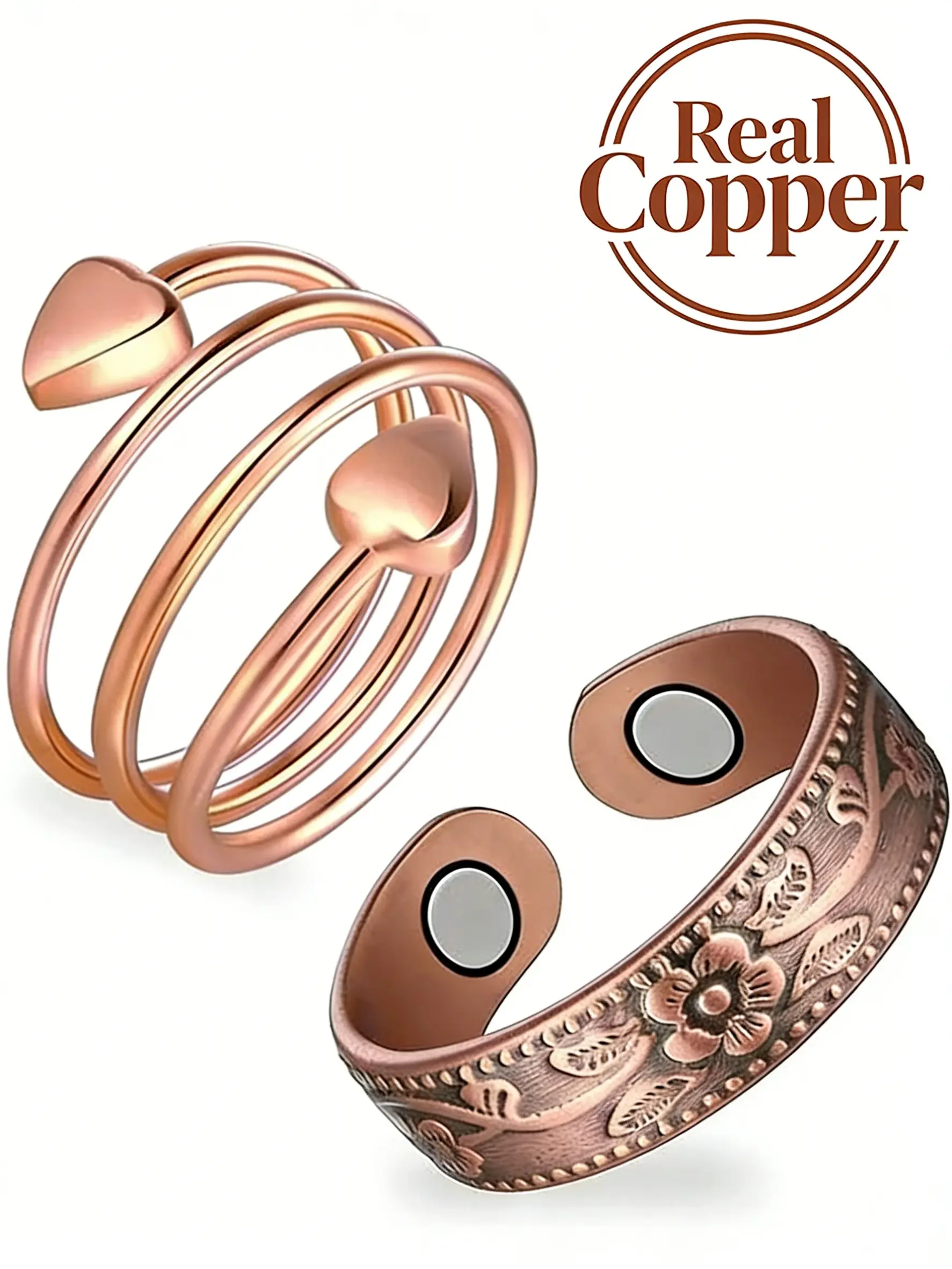 Pure Copper Magnetic Rings for Women | Adjustable Heart Shaped Ring with 3800 Gauss Strong Magnets & Turquoise Heart Design Ring