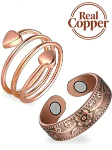 Pure Copper Magnetic Rings for Women | Adjustable Heart Shaped Ring with 3800 Gauss Strong Magnets & Turquoise Heart Design Ring