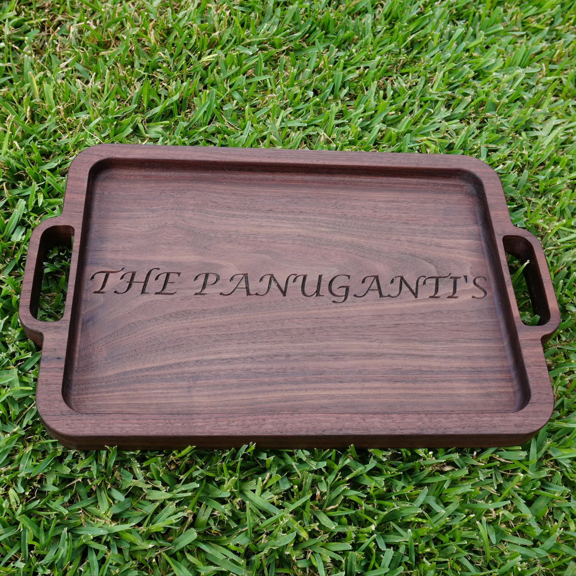 Personalized Walnut Serving Tray with Handles | Custom Engraved Family Name Platter | Housewarming Gift | Monogrammed Wood Charcuterie Board