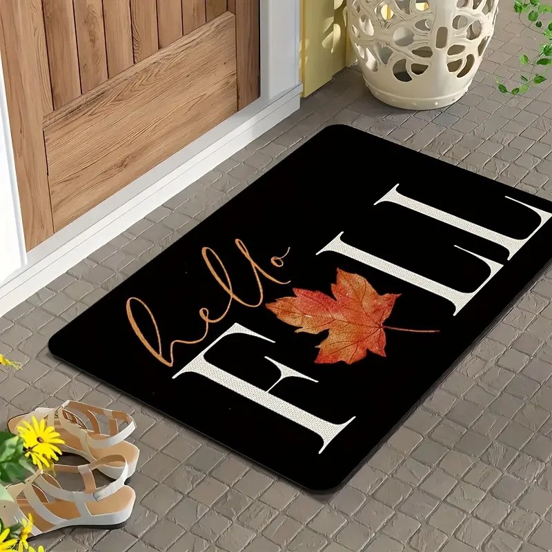A Rectangular Welcome Mat Featuring an Autumn Thanksgiving Maple Leaf Design, Made of Non-Slip Washable Polyester. It Is Soft And Comfortable with Flannel Material, Easy to Clean, And Ideal for Use in Entryways, Bedrooms, Porches, Laundry Rooms