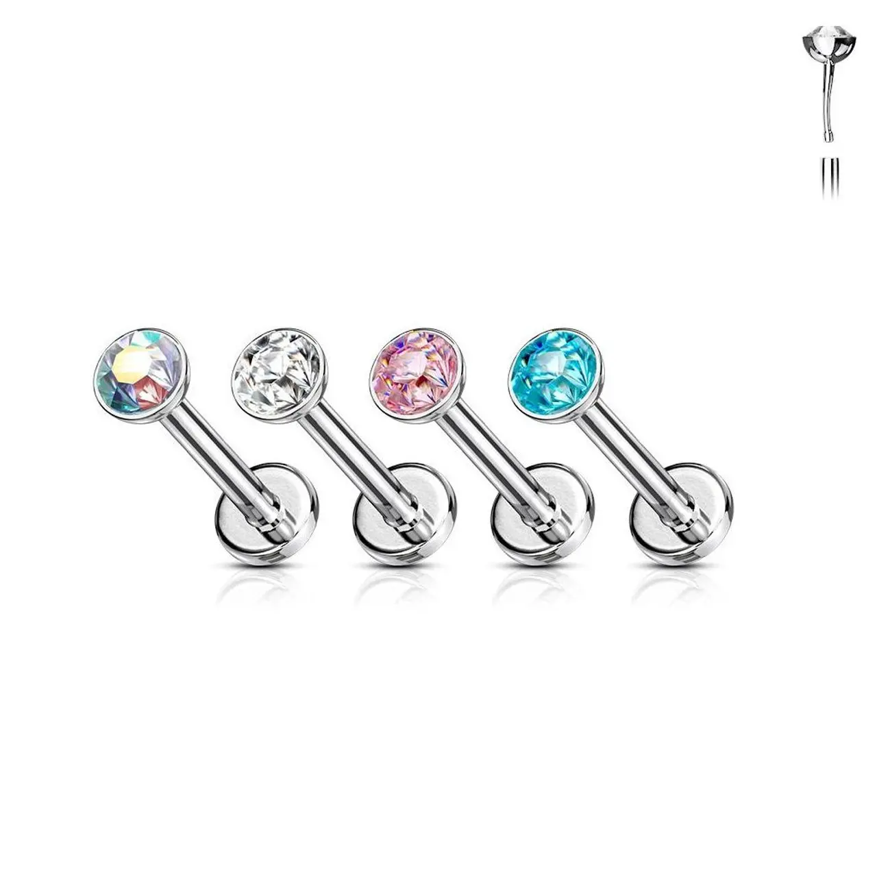 16G-20G Titanium Bazel set CZ Push In Labret Flat Back Stud Cartilage Monroe Piercing Jewelry Sold Each