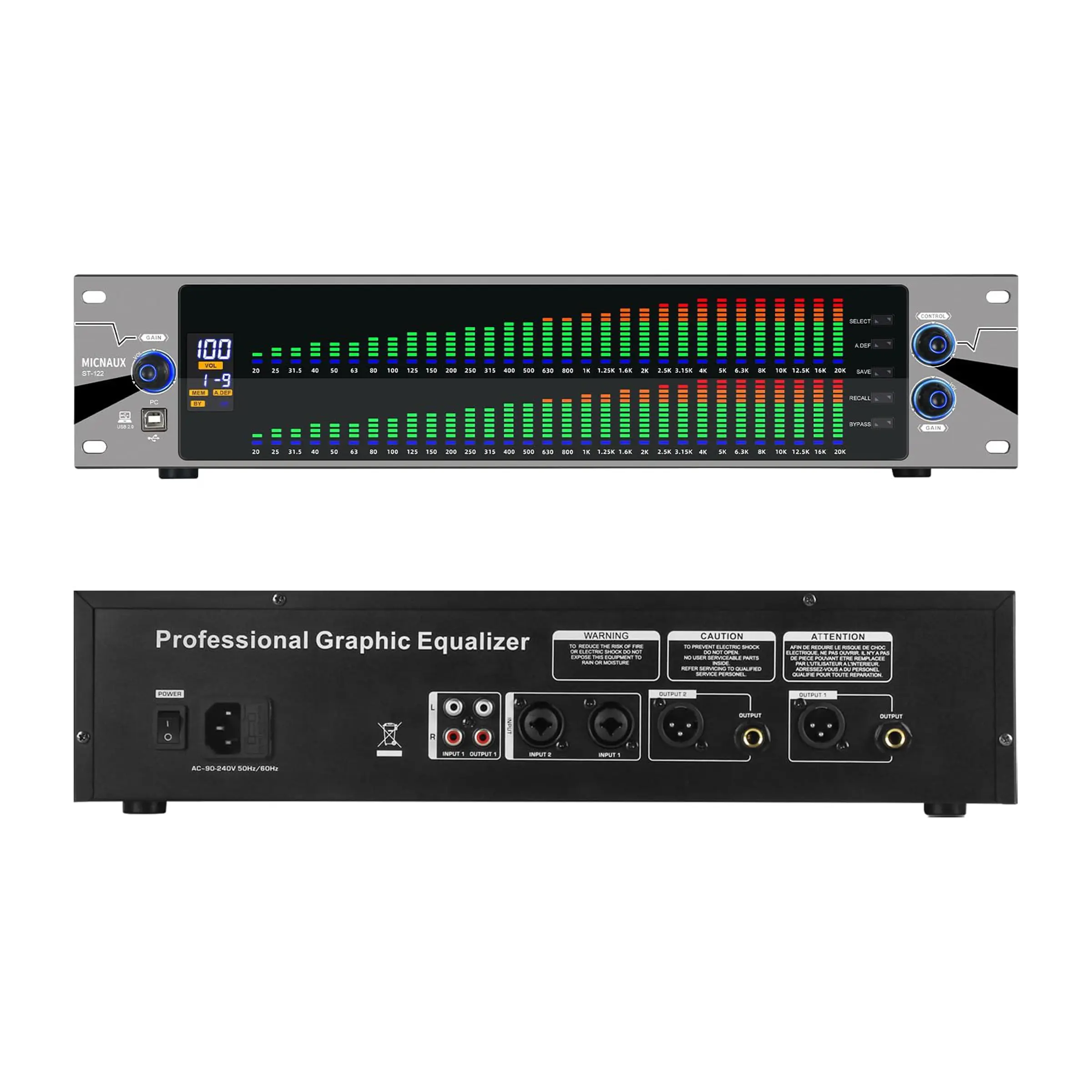 2U Rack 31-Band Digital Equalizer Amplifier - Dual Channel Graphic Audio Mixer with PC Tuning, Spectrum Analyzer Display, Noise Reduction, XLR/TRS/LR Ports for Home Stereo, Professional Studio