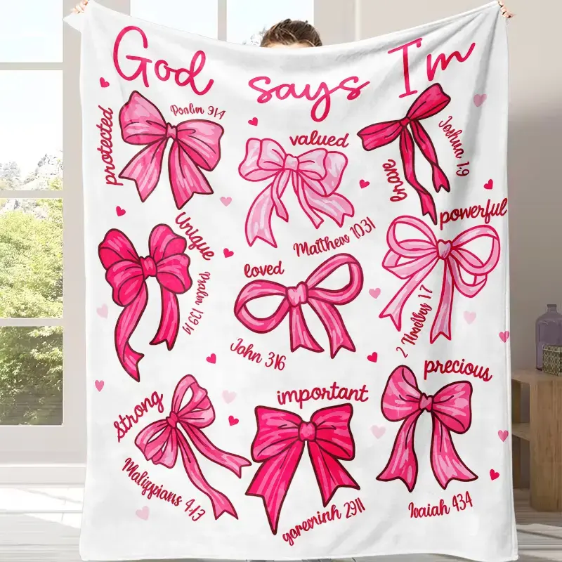 Pink Bow Christian Blanket - "God says I am" Bible Text Flannel Blanket Etiquette Style Inspirational Gift - Jesus Faith Prayer Blanket for Home, Sofa, Bedroom - Religious Decoration for Christian Girls, Suitable for All Seasons