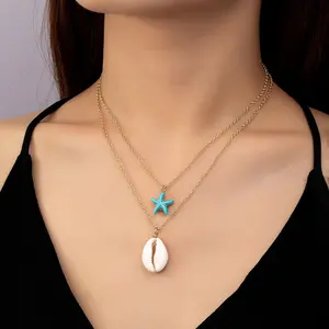 Starfish & Shell Pendant, Double Layer Stackable Necklace jewelry