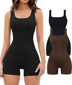 Workout Jumpsuits for Women One Piece 2 Pcs Rompers Shorts Tank Top Square Neck Bodysuits