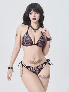 ZESTY NOX Gothic Style Summer Beach Gothic Swimwear Floral Print Halter Tie Sexy Bikini Set Emo Studded Goth Bathing Suit Daily Wear