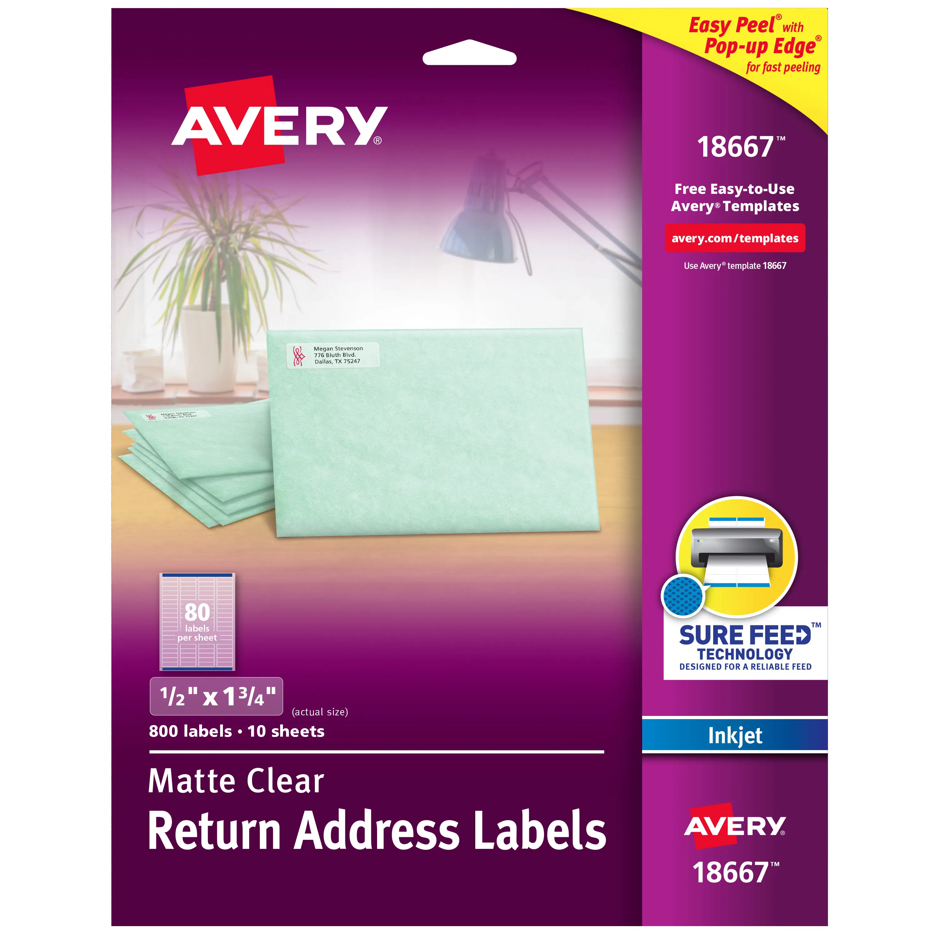 Avery Office Printable Return Address Label Stickers with Sure Feed, Easy Peel Technology, 0.5"x1.75" Matte Clear, No Curling, 800 Blank Mailing Labels (18667)