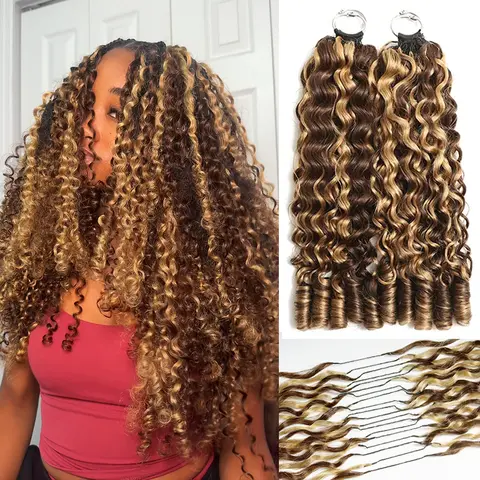 Ramiss P4/27 Remy Human Hair Crochet Strands - Ombre Highlight Burmese Curly Honey Blonde, Pre-Separated 50g Pack, 40 Strands, Miracle Knots, Hot Braids, 4-5 Packs for Full Head, Lightweight, No Tension, Reusable Feather Crochet Extensions, Miracle Knots