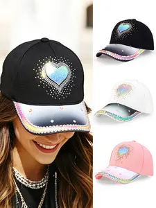 1PC women's sequined heart-shaped crystal gradient baseball cap, a fashionable gradient multi-colored rhinestone fedora hat, suitable for daily shopping, parties, gatherings, vacations, outdoor activities and sun protection wear.
