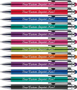 Personalized Pens with Stylus Tip -Bright Vibes- Click action - Custom - Black writing - Printed Name pens - Imprinted with Your Logo or Message - FREE PERSONALIZATION - 12 Pens/Box (Blue)