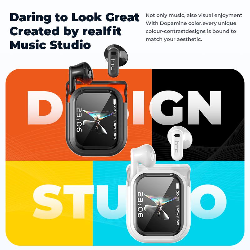 ”Khaby Lame“hTC NE20 AI Translation Wireless Earbuds,Translator 134 Languages Bluetooth Headphones,LCD Full Color Display Screen Charging Case Ear Buds with MIC