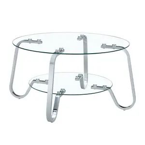 Retro Minimalist Style Metal Frame Double-Layer Tempered Glass Coffee Table 31.5x31.5x17.7 Inches Elegant Living Room Decor