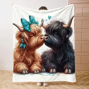 Highland Cow Pattern Blanket, 1 Count Soft Comfortable Throw Blanket, Cool Bedroom Bedding Blankets, Warm Napping Blanket for Home Office Travel, Cow Print Blanket, Stylish Blanket