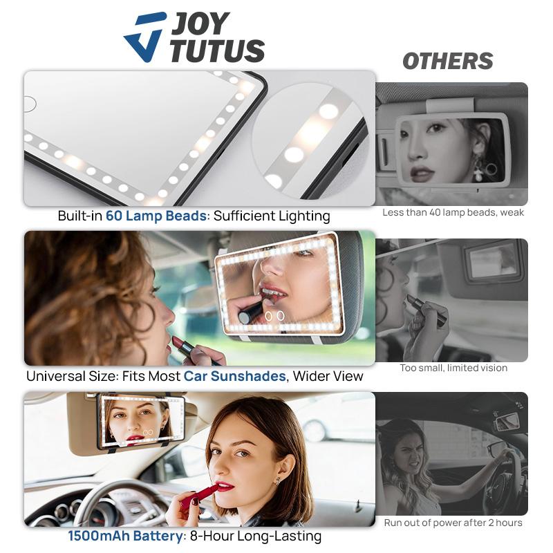 JOYTUTUS Car Sun Visor Vanity Mirror with 3 LED Lights USB Rechargeable 1500mAh Battery Touch-Sensitive Control Dimmable Bicolor Lighting for Enhanced Makeup Routine