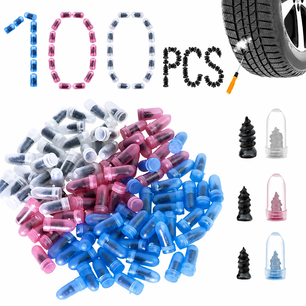 100 Pcs Tire Repair Kit, Screw in Tire Plugs with Screwdriver, Self-Tapping Tire Repair Screws for Flat Tire Repair, Emergency Tubeless Tire Repair Kit for Car Motorcycle ATV SUV | Various sizes,Different colors distinguish sizes
