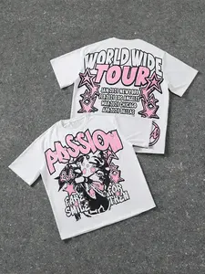 Vibrant, Vintage Double-Sided 'Worldwide Tour' Graphic Tee Menswear, Streetwear, Front: Bold 'Passion' Print, Retro Cartoon Art, Back: Tour Schedule, Pink Star Accents, Oversized Fit For Urban Casual Vibes, Edgy Statement Piece