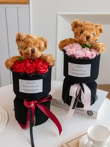 Artificial Rose Bouquet with Cute Bear, Valentine's Day Gift, Adorable Rose Bouquet & Doll Toy, Home Decor for Bedroom, Wedding, Party & Birthday