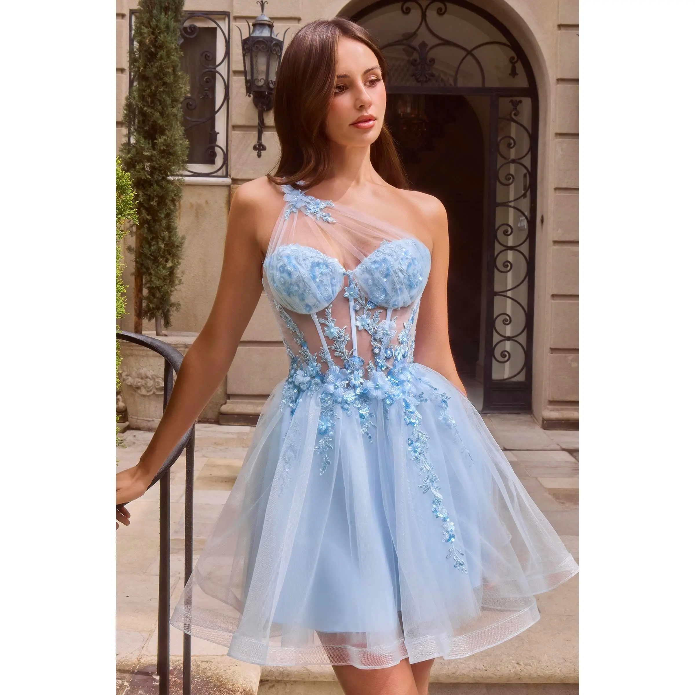 Ladivine CD2431 One-Shoulder Floral Appliqué Corset Homecoming Dress