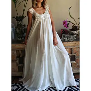 Plus Size Boho Dress, Women's Plus Contrast Lace Round Neck Slight Stretch Loose Fit Dress Summer Casual