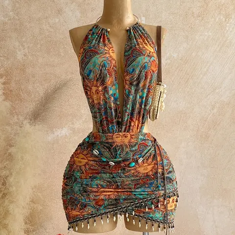 Women's Chic Fashion Boho Bohemian Ethnic Print Halter Backless Dress, Tie Back Adjustable Dress, Elegant Formal Party Wear, Summer Clothes