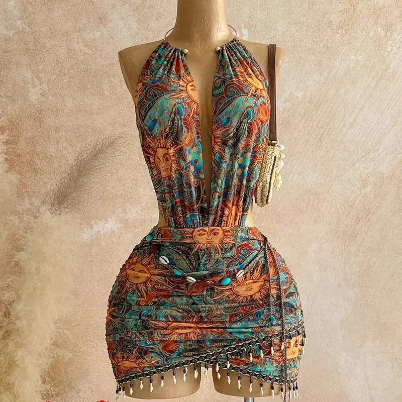 Women's Chic Fashion Boho Bohemian Ethnic Print Halter Backless Dress, Tie Back Adjustable Dress, Elegant Formal Party Wear, Summer Clothes