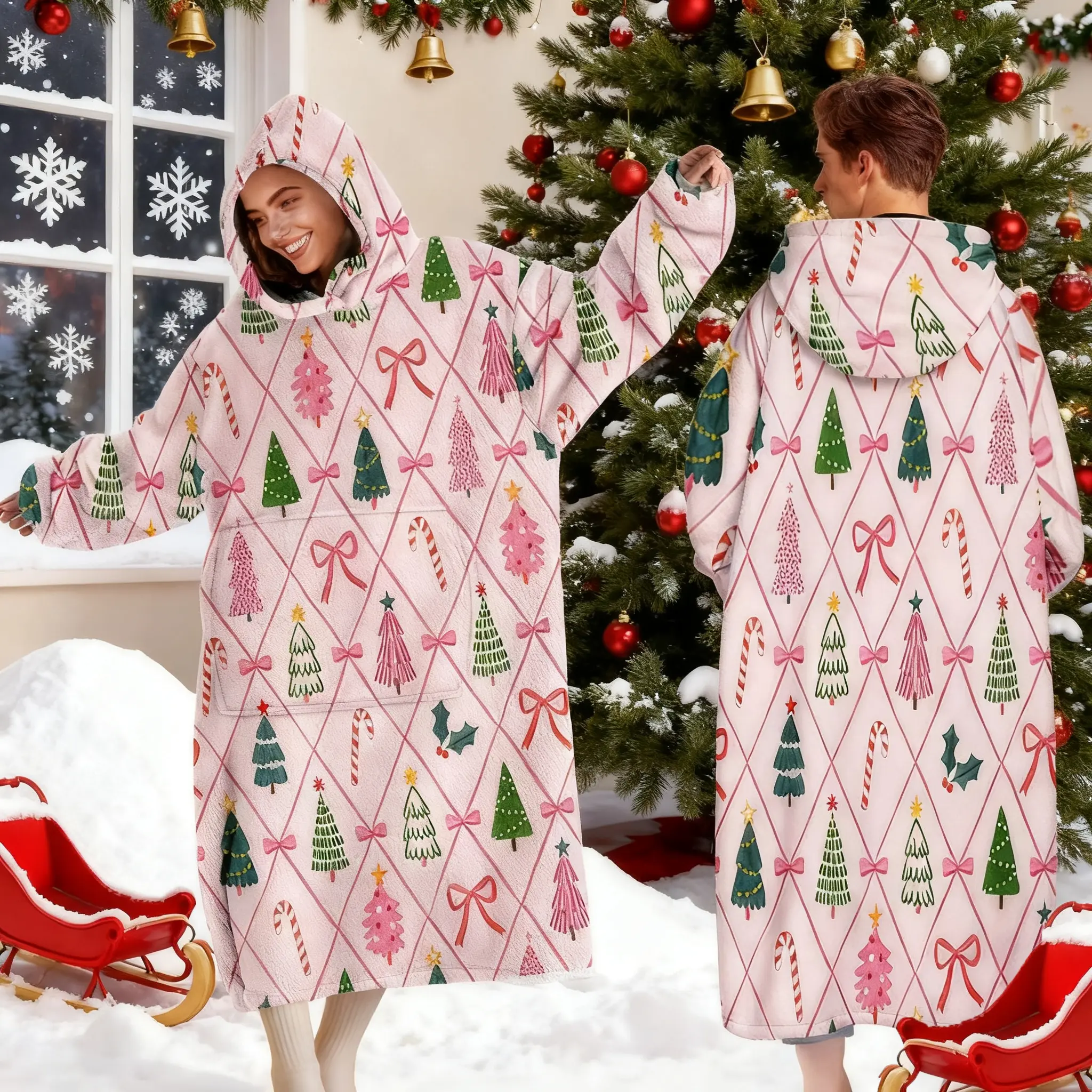 Women's Hooded Blanket Sweatshirt, Wearable Blanket Robe, Fashion Sleepwear, Christmas Tree Print, Winter Nightgown, Holiday Gift