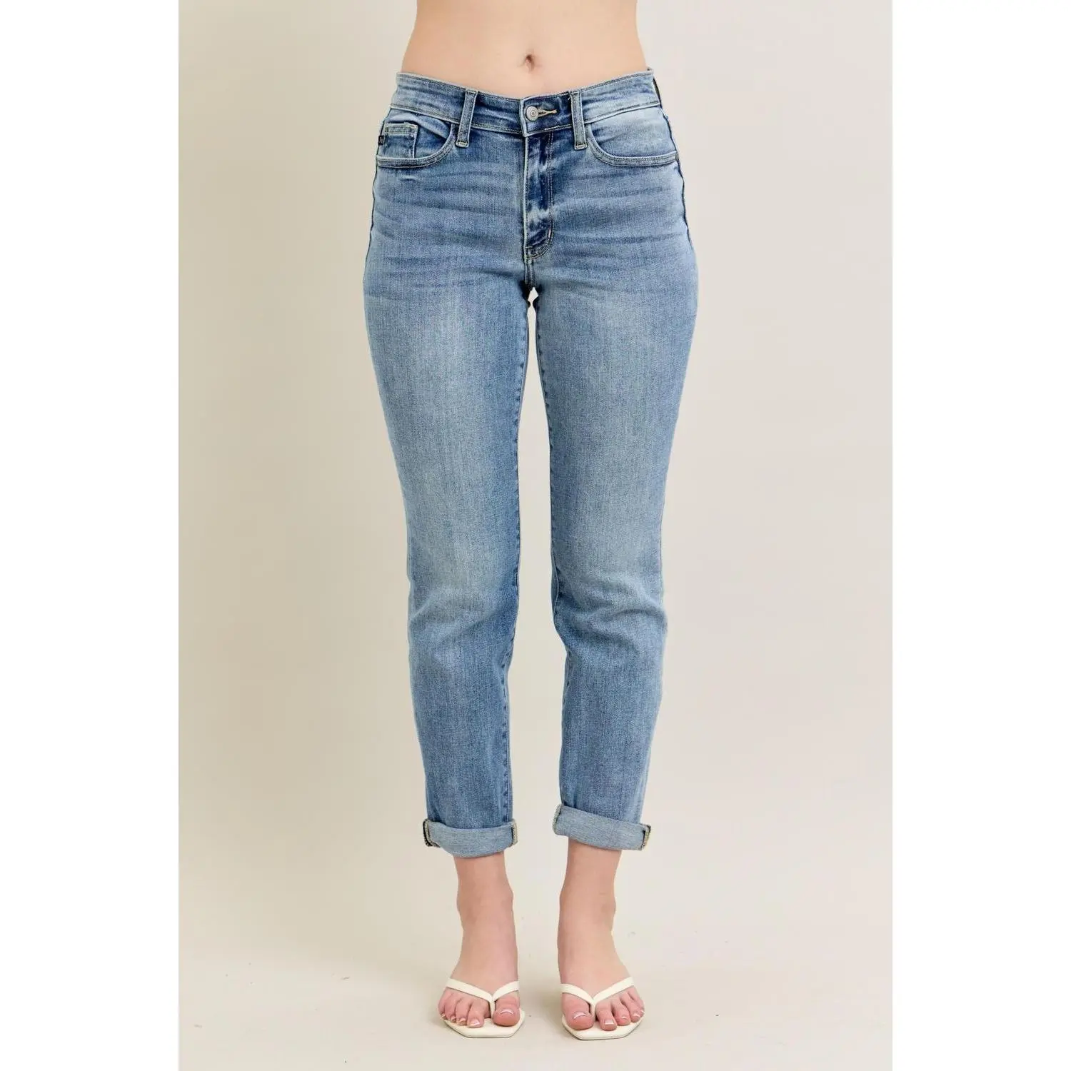 Judy Blue Boyfriend Style Jeans for Women, Mid Rise Bleach Wash Denim Bottoms with a Loose Relaxed Fit and Cuffed Hems, Pants, Baggy, Mid Rise Jeans, Jean Pants