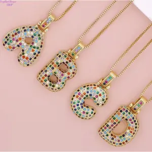 Women's Hip Hop Bubble Initial Necklace, Copper Multicolor CZ Pendant Choker, 26-Letter Bold Chunky Sparkling Rhinestones Chains, European-American Fashion Clavicle Jewelry for Streetwear & Parties
