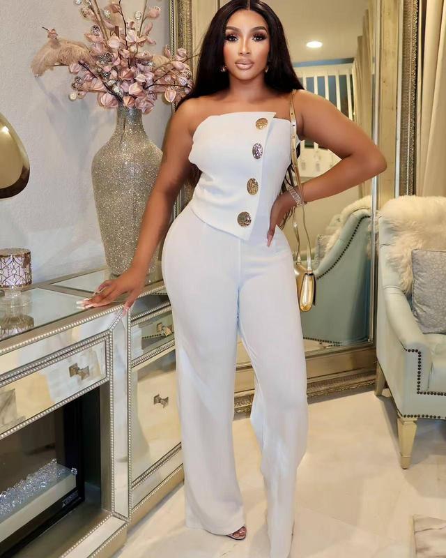 Women's Casual Off Shoulder Solid Color Strapless Belted Wide Leg Jumpsuit Romper in White - 60% Polyester 35% Rayon 5% Spandex