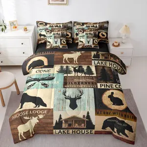 7 Piece Rustic Farmhouse Comforter Bed Set with Sheets,Woodland Hunting Bear Deer Bedding Set,Country Cabin Wildlife Print Bed Bag,Boys Men,Retro Bed Set