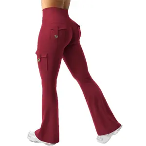 Women's Workout Flare Leggings with Pockets Hidden Scrunch High Waisted Cargo Gym Yoga No Front Seam Leggings Flared Joggers Fitness Outfit Camouflage Sports Pants 75% Nylon 25% Spandex