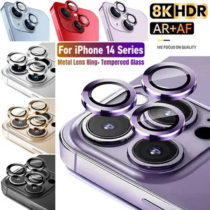 Metal Camera Lens Protector For iPhone 14 Pro Max / 14 Pro / 14 Plus / 14, 9H Tempered Glass Ring Cover Anti Scratch HD Clear