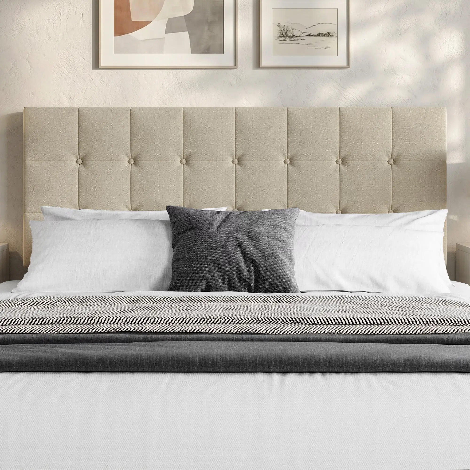 Favorer Ecorse Tufted Upholstered Headboard with Button Tufting and Foam Padding, Beige, Easy Assembly