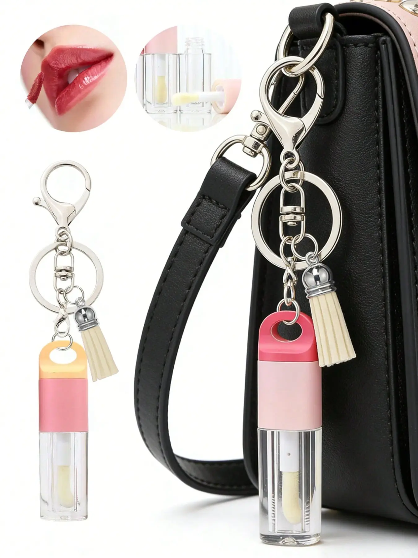 1 1.5ml clear lip gloss tube with tassel pendant and lobster clasp, clear lip gloss tube with brush wand, lip oil dispensing tube, portable lip gloss dispenser bottle keychain/bag charm, leak-proof, reusable
